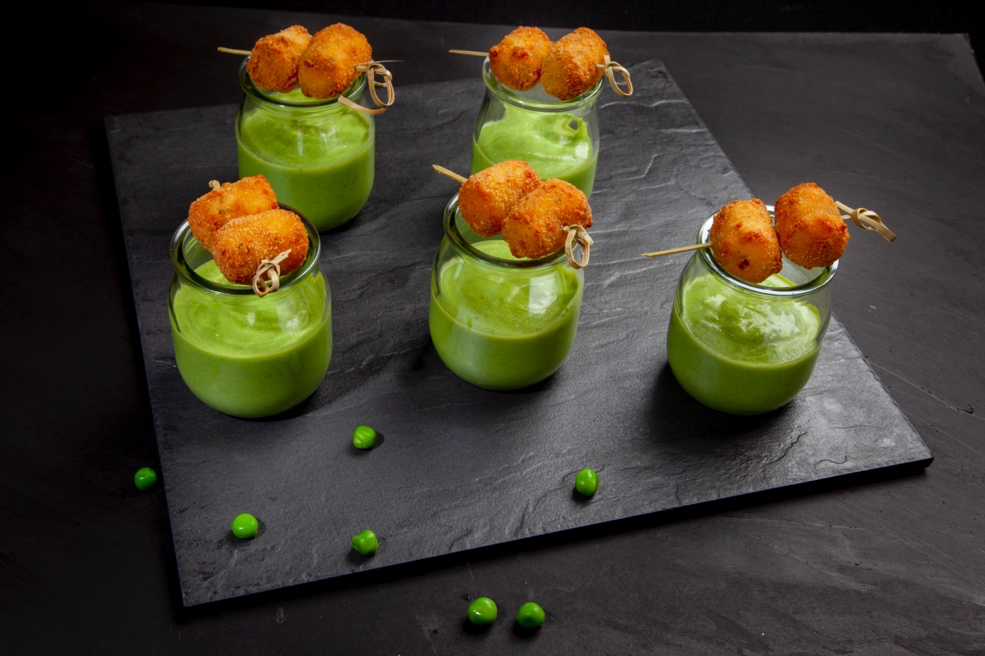 Pea Gazpacho With Potato Cheese Shotz