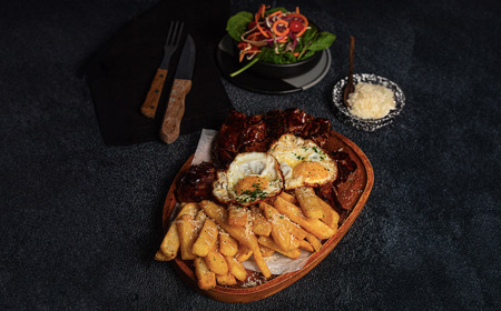 Garlic Parmesan Fries, chops & eggs