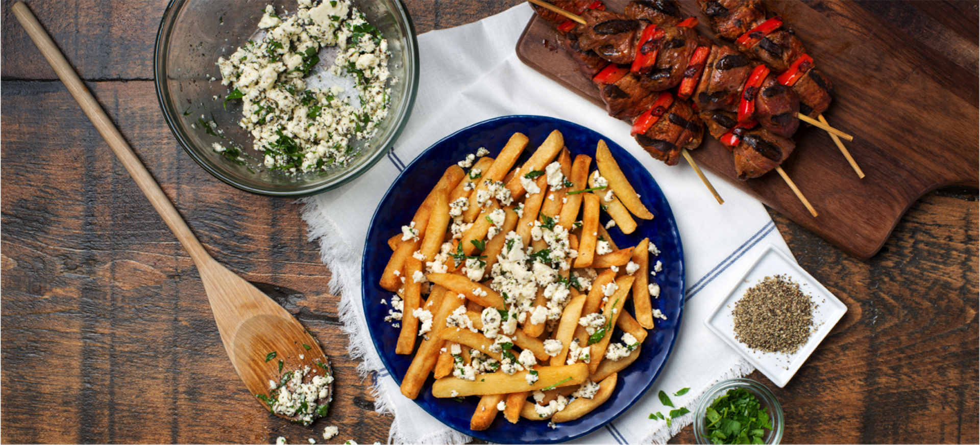 Feta Fries With Lamb Skewers