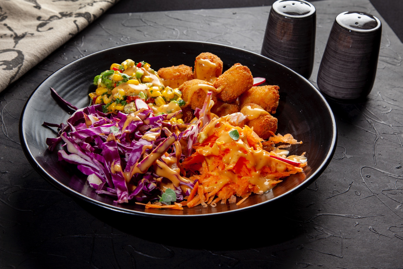 Potato Shotz Red Slaw Salad, Avocado Corn Salsa, Honey Mustard Dressing
